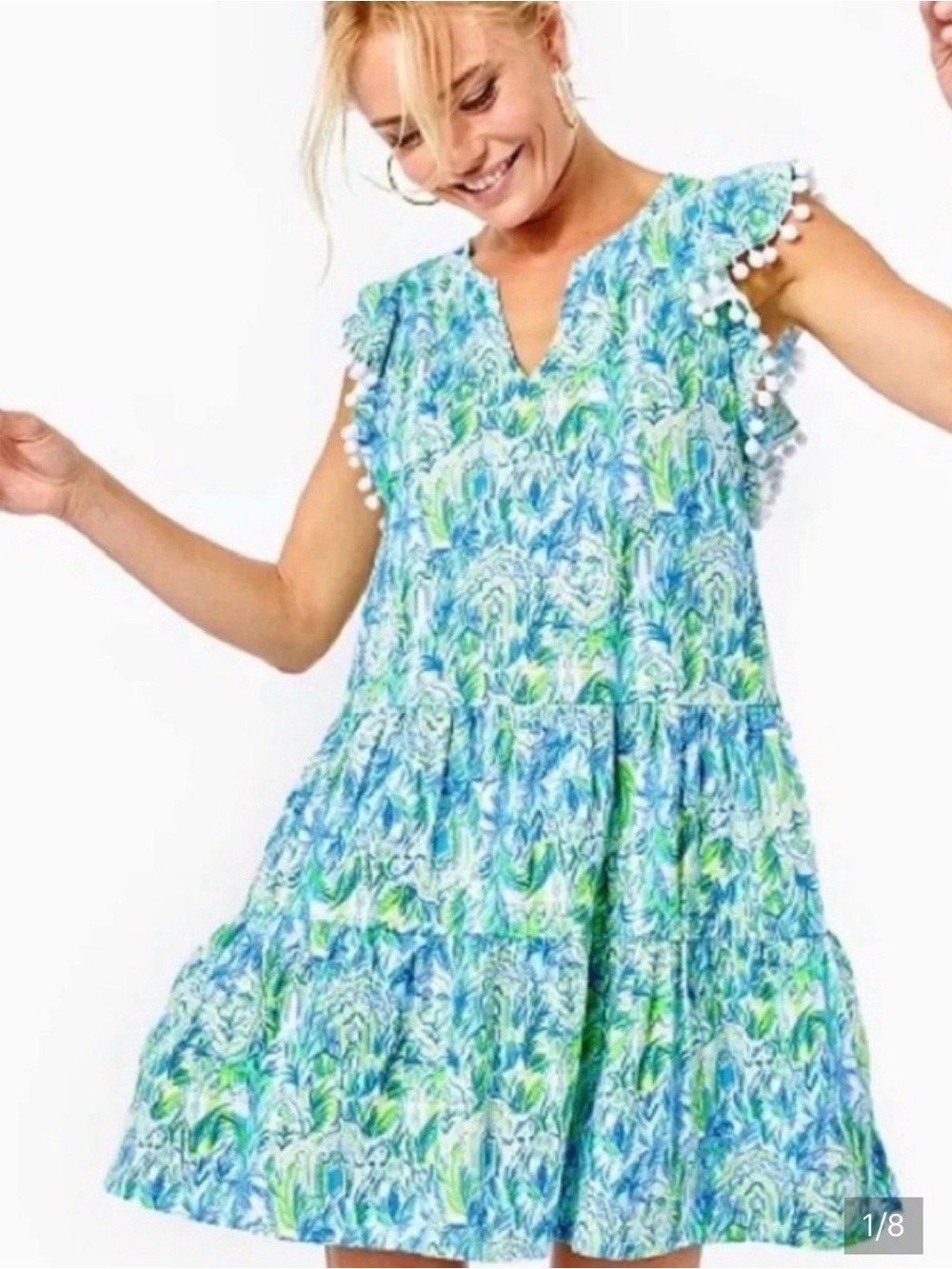 EUC Lilly Pulitzer Lacie Blue & Green Floral Tiered Dress with Pom Trim X